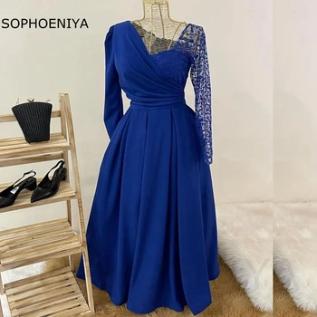הגעה חדשה V צוואר עם שרוולים ארוכים שמלות ערב שיפון כחול מלכותי שמלות ערב abiye Vestidos דה פיאסטה שמלת מסיבת