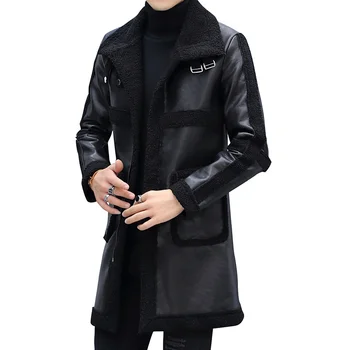 החורף סלים אופנוע ארוך, מעילי עור גברים מזדמנים אחת עם חזה mens מעיל עור מעילי גשם דש אופנה שחור