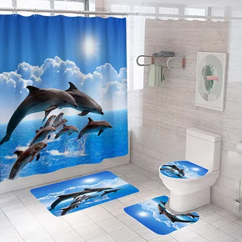 הים דולפין האמבטיה ערכת חיה עמיד למים בד וילון מקלחת להגדיר הים נוף המעמד שטיחים פלנל, כיסוי האסלה אמבטיה מחצלות