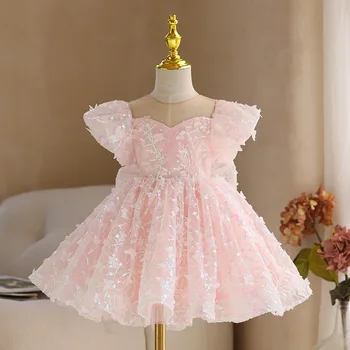 המותג בייבי בנות פרפר פאייטים שמלות ילדים נסיכה, שמלת נשף ילדים שמלת יום ההולדת התינוק בוטיק בגדים לנערות.
