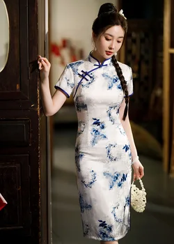 הסגנון הסיני המסורתי המשופר Cheongsam גבוהה פיצול בציר שמלת נשים פרחוני הדפסה סלים צ ' יפאו
