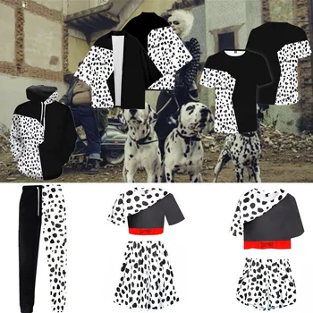 הסרט קרואלה דה-ויל תחפושת Cosplay שמלת קפוצ ' ון חולצה גלימה נשים שחור לבן מנומר אנימה 101 כלבים וגנבים ביצועים מסיבה
