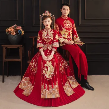הסתיו הסיני רטרו פיניקס רקמה להתחתן עם Cheongsam מסורתי והכלה החתונה השמלה Свадебное платье