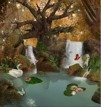 התאמה אישית בכל גודל ציור יפה החלום יער הילדים קישוט חדר טפט ברבור פרפר מפל צילום 3d טפט
