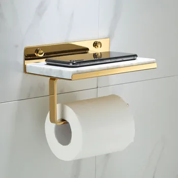 חדר אמבטיה רקמות חזה פליז & השיש מחזיק נייר טואלט הטלפון מדף קיר רכוב מסמר אגרוף אמבטיה חומרה אחסון מדף זהב