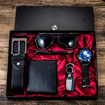 חדש 6Pcs/סט אופנה, Mens שעונים יוקרה קופסת מתנה שעון לגברים משקפיים החגורה מחזיק מפתחות עט הארנק שעון להגדיר את המתנה הטובה ביותר.