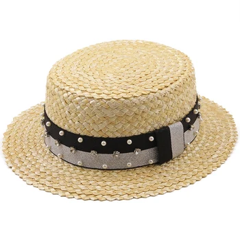 חדש בעבודת יד ילדה קש חוף כובע לנשים חופשת הקיץ פנמה כובע אופנה שטוח הגנה מפני השמש מגן כובעים