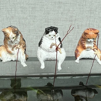 חדש יושבים לדוג חתולים קישוט אקווריום דגים גינון קריקטורה פסל חתול מיני שרף פיסול צלמית קישוטי בית