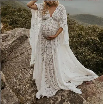 חדש שמלות הריון עבור צילומים נשים הריון שמלת תחרה צילום אביזרים סקסי השרוול הארוך לידה נפוח שמלה לבנה.