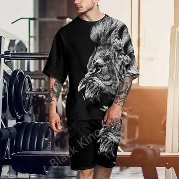 חולצת הטריקו של הגברים סטים 3D חיה אריה הדפסה גדול מכנסי ספורט העליון אימונית Oversize תלבושת קיץ, שרוול קצר בגדי