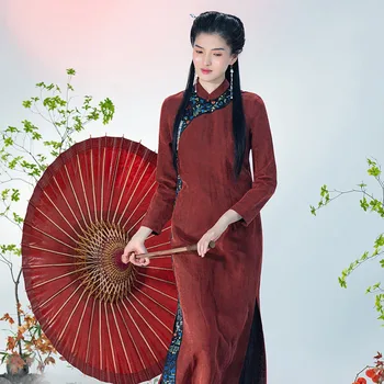 חיים משמאל נשים Gambiered גואנגדונג גזה שיפור Cheongsam שרוול ארוך רקמה מסורתית סינית שמלת משי