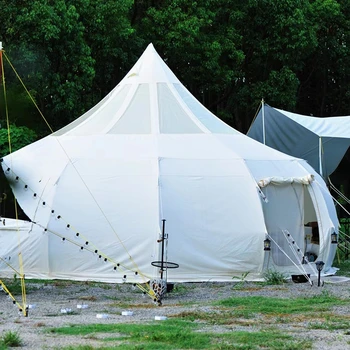 חיצוני עמיד למים ארבע העונות קמפינג משפחתי ובחורף Glamping בד כותנה אוהל בל אוהל עם דלת רשת נגד יתושים