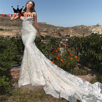 חמודה בתולת ים שמלות כלה מעודנות אפליקציה תחרה ללא שרוולים באורך רצפת שמלות כלה Vestidos דה נוביה מותאם אישית Y39X