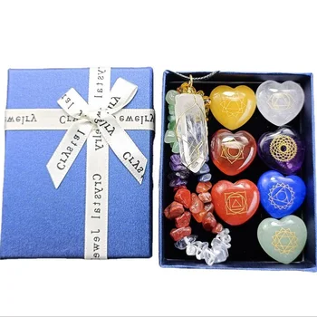 חצץ השרשרת רייקי אוסף קופסה בצורת לב אבן צ 'אקרה להגדיר עם שבע הצ' אקרה חרוטים סמלים צ ' אקרת להגדיר עבור מתנה