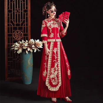 חתונה צ 'יפאו Cheongsam תלבושת כלה וינטאג' בסגנון סיני מסורתי אדום מלכותי פיניקס רקמה טאנג חליפה