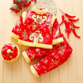 טאנג הסינית המסורתית תחפושת עבור תינוק שרק נולד בנים בנות רקמה החורף אדום השנה יום הולדת מתנת חג המולד Longsleeve
