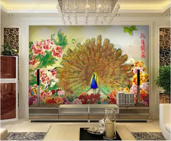 טפט תמונה 3 d מותאם אישית ציור בסגנון סיני טווס לפתוח מסך אדמונית תפאורה בסלון טפט על קירות בגלילים