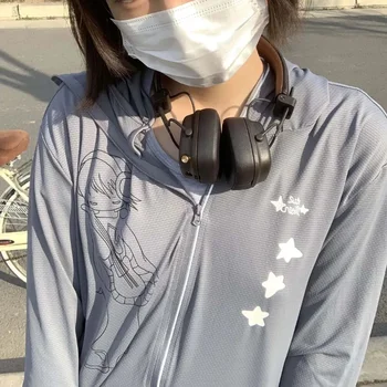יפן סגנון Y2k חמוד כוכב אנימה הדפסה רוכסן הקיץ חופשי הלבשה עליונה לנשים עם ברדס מעילים רחוב Harajuku קרם הגנה מעילים