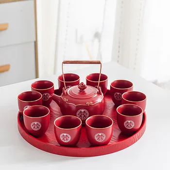 כוס אדומה מותאם אישית להגדיר כפול משק בית אושר מתנה קומקום טרי קרמיקה אספקה תה מזכרת Teaware חתונה, סיר