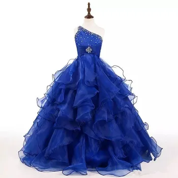 כחול פרח ילדה שמלות חתונה רשמית נוצץ גבישים מקסים Royalg כתף אחת יום הולדת לילדים שמלות אכילת לחם הקודש