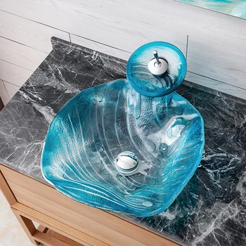 כחול צבע זכוכית מחוסמת הכיור בחדר האמבטיה בבית מלון מרפסת השיש כיור כלי כיור עם ברז מפל סטים