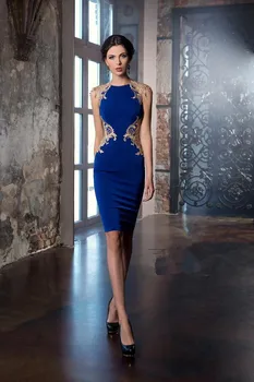 כחול רויאל האמא של הכלה שמלות ללא שרוולים זהב תחרה, אפליקציות משי סאטן נדן הברך משתה חתונה ערב שמלות לנשף