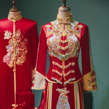 כמה מזרחיים סאטן אדום Cheongsam הסינית שמלת חתונה בציר האדום פניקס נצנצים חרוזים רקמה ציציות צ ' יפאו
