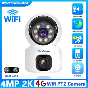 כרטיס ה SIM-4G, מצלמה מקורה כפול עדשה מיני מצלמת IP 2K 4MP אלחוטית WIFI אבטחה ראיית לילה קאמארה מעקב וידאו V380 Pro