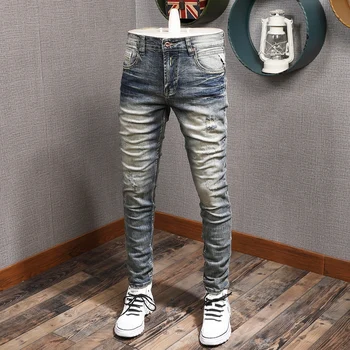 לאחרונה מעצב אופנה גברים ג 'ינס רטרו צהוב כחול אלסטי Slim Fit הרס קרע ג' ינס גברים בציר מזדמן מכנסי ג ' ינס גבר