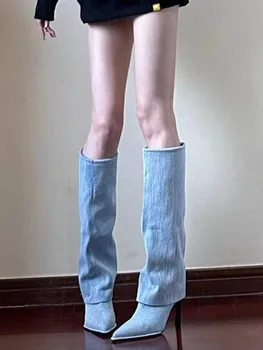 לנשים ג ' ינס מגפי 2023 חורף סתיו הברך עקבים גבוהים של נשים הצביע נעלי אצבע מעצב אופנה סקסית אלגנטית עגל אמצע מגפיים