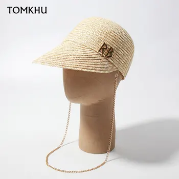 מגמה חדשה אופנה Handwoven קש רכיבה כובע נשים רחב שוליים כובע קיץ מזדמן מכתב שרשרת קישוט כובע בייסבול מעצב
