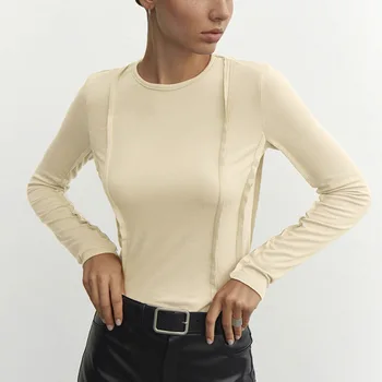 מוצק לבן פשוט של נשים חולצה אלגנטית צוואר עגול שרוול ארוך חולצות נקבה סלים חולצות נשים תלבושות בסיסי Tees 2023