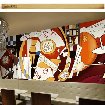 מותאם אישית מצוירים ביד מסעדת פיצה נייר קיר מופשט דמויות קפה קפה קיוסק חטיפים ספה רקע ציור קיר טפט 3D