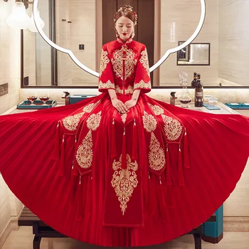 מזרחי חרוזים רקמה ציצית סינית מסורתית החתונה Cheongsam הכלה החתן צ ' יפאו השמלה китайская одежда