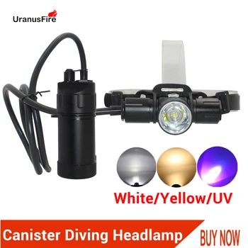 מיכל צלילה פנס LED פנס צלילה לפיד לבן צהוב, אור UV מתחת למים וידאו עמיד למים 100 מ ' סוג פיצול קדמי