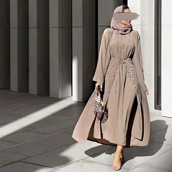 מלאכת-יד חרוזים 3 חתיכה המוסלמים להגדיר התאמת הלבוש מקומט קרפ פתוח Abaya קימונו שרוול ארוך שמלה לעטוף את החצאית דובאי סתיו