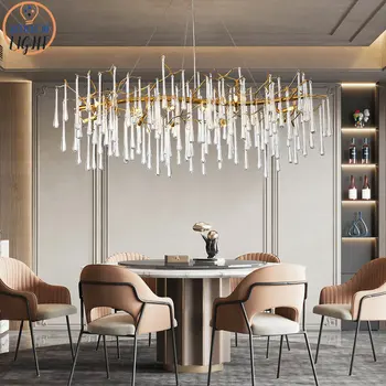 מלבן/עגול נחושת נברשת עבור מסעדת קריסטל זהב הברק נברשות תאורה טיפות גשם ארוך תאורה G9 LED