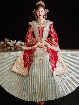 מסורתית מינג מערכת פייטים חרוזים רקמה נישואין להגדיר הכלה החתן טוסט בגדי וינטג ' Cheongsam שמלת החתונה