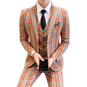( מעילי + אפוד + מכנסיים ) החדש בוטיק אופנה משובצת Mens מקרית עסקים, חליפת חתן, שמלת חתונה חליפה 3pces להגדיר זכר בלייזר