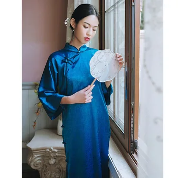 מקורי בציר כחול לעמוד צווארון אקארד חצוצרה שרוול ארוך Cheongsam שמלת נשים אלגנטי חופשי מזדמן כל יום צ ' יפאו השמלה