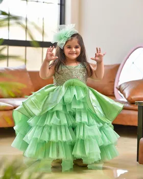 מקסים טול תחרה הדפסה בשכבות הנסיכה פרח ילדה שמלות מסיבת חתונה הכדור הראשון שמלות קודש מתנת יום-הולדת.