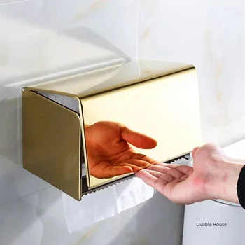 נייר טואלט תיבת מחזיק טלפון זהב נירוסטה גליל נייר מתלה עמיד למים בעל מגבת נייר בשירותים שחור רקמות תיבת