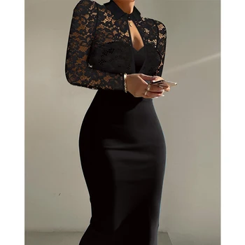 נשים אופנה ניגוד תחרה שרוול ארוך מגזרת Bodycon שמלה שחורה אלגנטית Bodycon מידי רזה שמלות