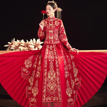 נשים האדום רקמה שמלת חתונה אלגנטית מנדרין צווארון נישואין Cheongsam טוסט בגדים