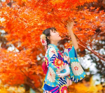 נשים יוקטה מסורתית יפנית בקימונו החלוק ביצוע השמלה תחפושות קוספליי צבע כחול פרחים הדפסי וינטג ביגוד