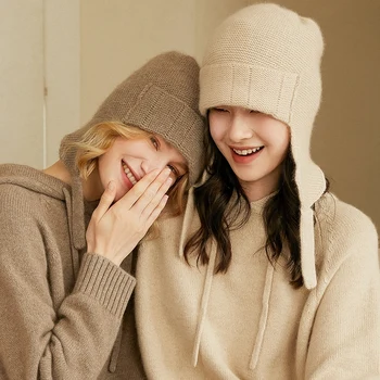 נשים כמוסות 100% קשמיר סריגה כובעי חורף לשמור על אוזניים חם חם מכירת אופנה טהור פשמינה קאפ עבור הנשי.