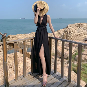 נשים מקסי שחורה ללא משענת שמלת הקולר בקיץ 2022 אלגנטי קוריאה בלילה חופשה על החוף Rnuway זמן Vestidos