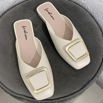 נשים נעלי קיץ להחליק על פרדות מזדמנים נעלי אבזם רבוע הבוהן נעליים שטוחות סנדלים מעצב מותג סנדלי נשים 2021 אופנה חדשה