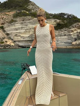 נשים סרוגים חלול אפוד שמלת קיץ החוף שרוולים O-צוואר דק כפול גבוהה פיצול שמלות ארוכות נקבה חופשה Vestidos