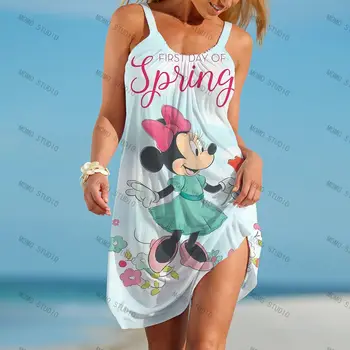 נשים שמלת מיני מאוס אלגנטי שמלות בוהו 2022 קלע הקיץ אישה משוחררת חוף סקסי מיקי קריקטורה ללא שרוולים דיסני הדפסה